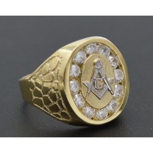 Real 10K Solid Yellow Gold 19mm CZ Master Freemason Masonic Ring 7.0gr ALL Size